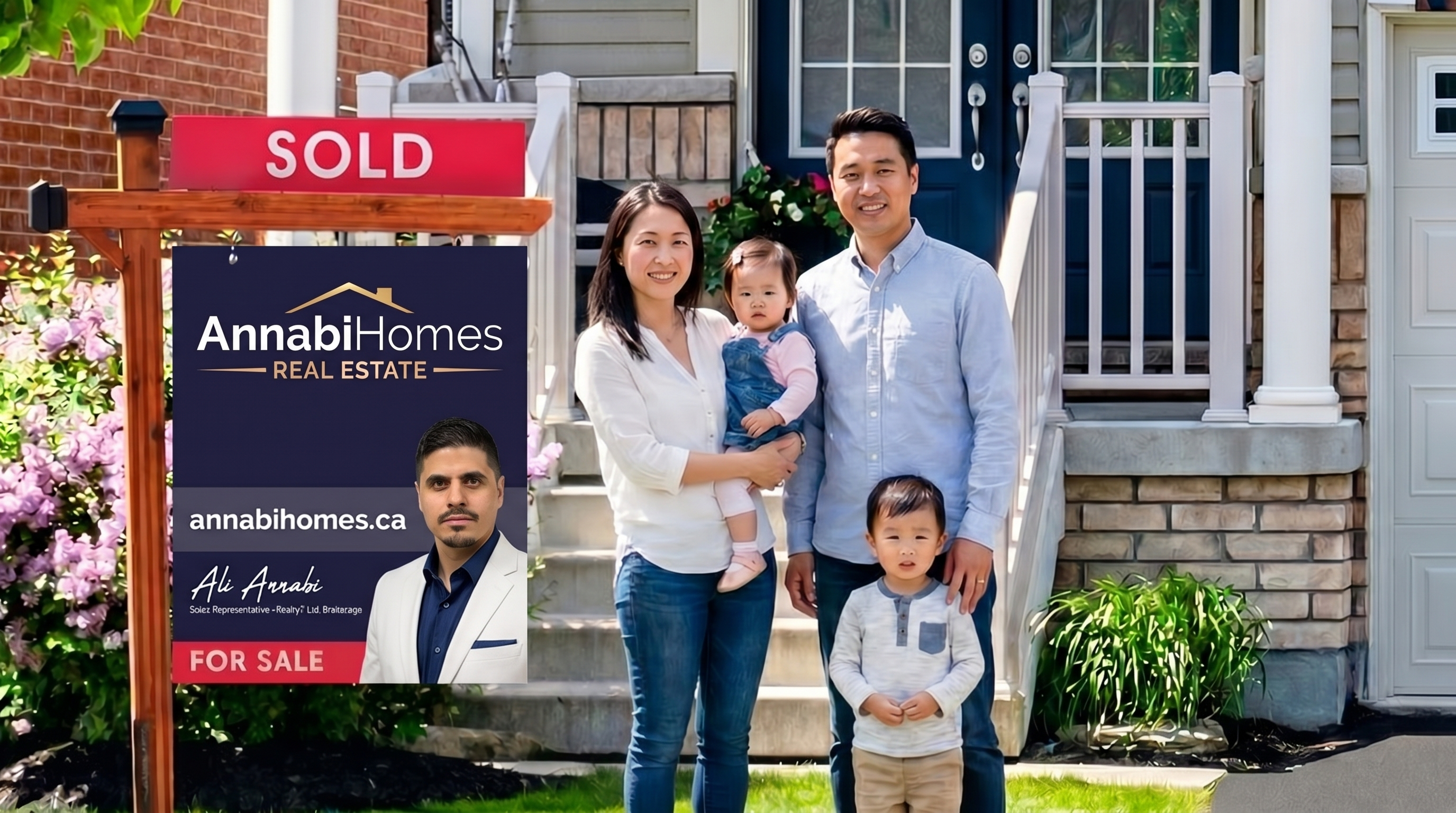 AnnabiHomes SOLD sign in front of a happy family's new home